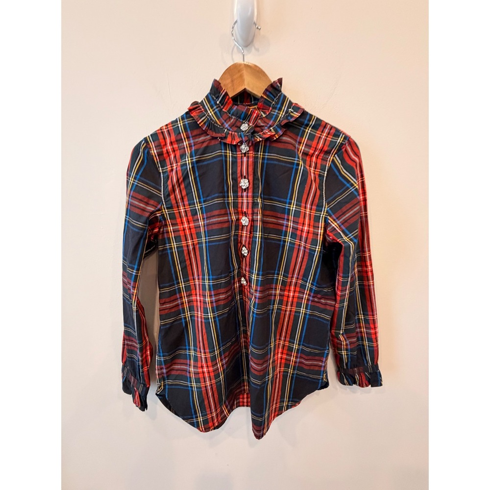 J.Crew Classic Tartan Plaid Ruffle Neck Jewel Button Shirt Red Navy 4